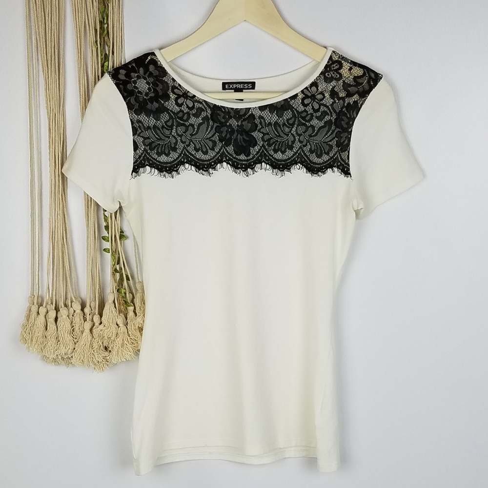 EXPRESS Black White Lace Yoke Tee Shirt Blouse